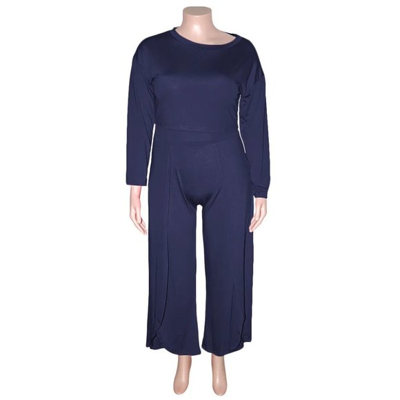 Plus Size Women Solid Color Off-Shoulder Long Sleeve Blouse And Slit Pants Set - Picture 6 of 15